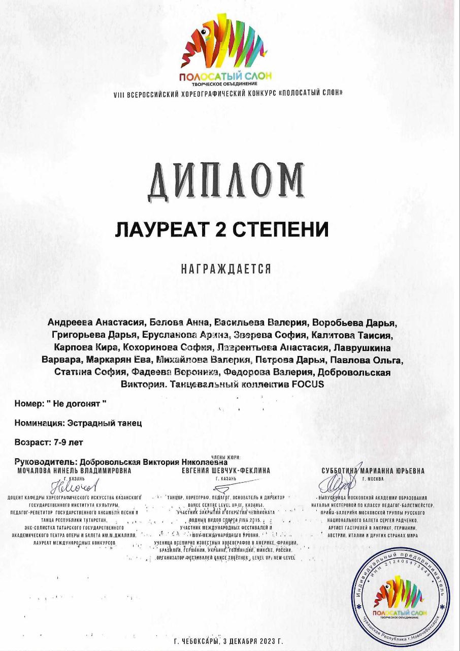 Диплом Лауреата 2 степени Конкурс "Полосатый слон". Группа "FOCUS"